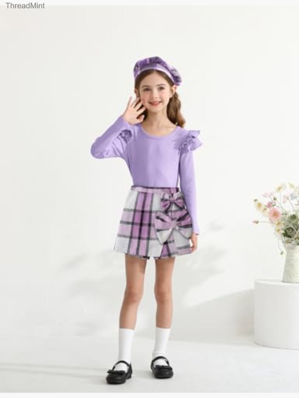 Kids Ruffle Sleeve Top & Plaid Skort Set with Hat 3PCS Size 11-12 - Picture 3 of 7